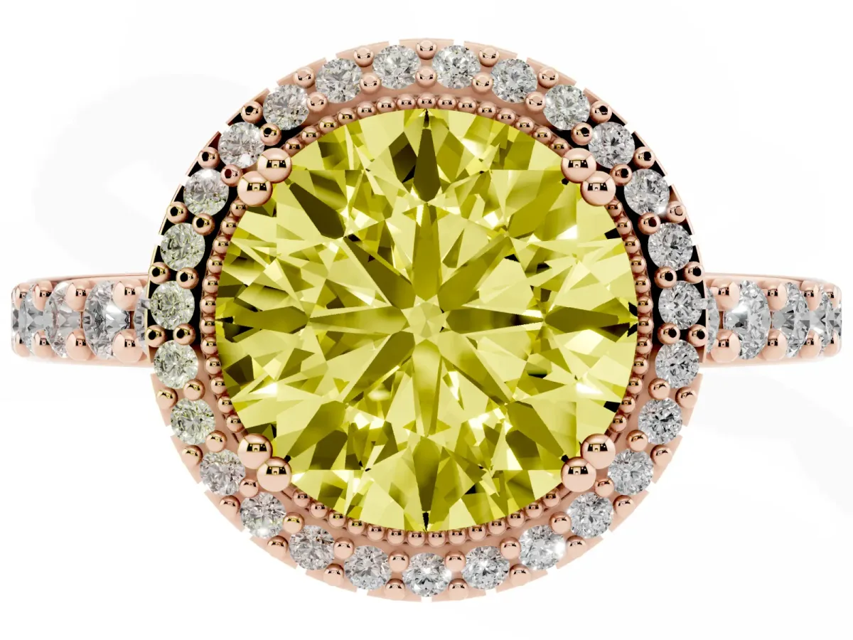 Fancy Yellow Round Cut Cut Diamond Halo Engagement Ring with Milgrain Detail and Pavé Band Rose gold