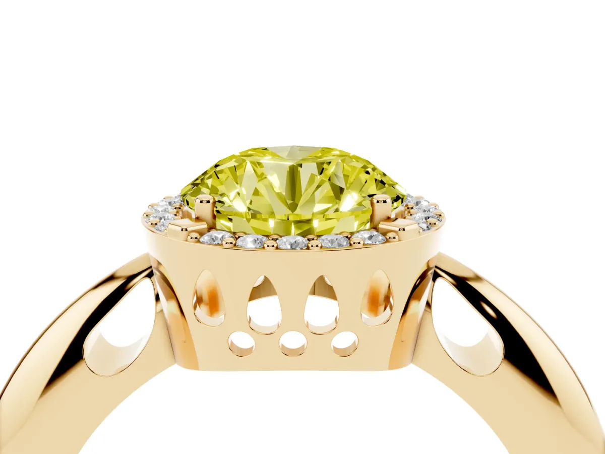 Fancy Yellow Round Cut Cut Diamond Halo Engagement Ring with Split Shank and Four-Prong Setting Yellow gold