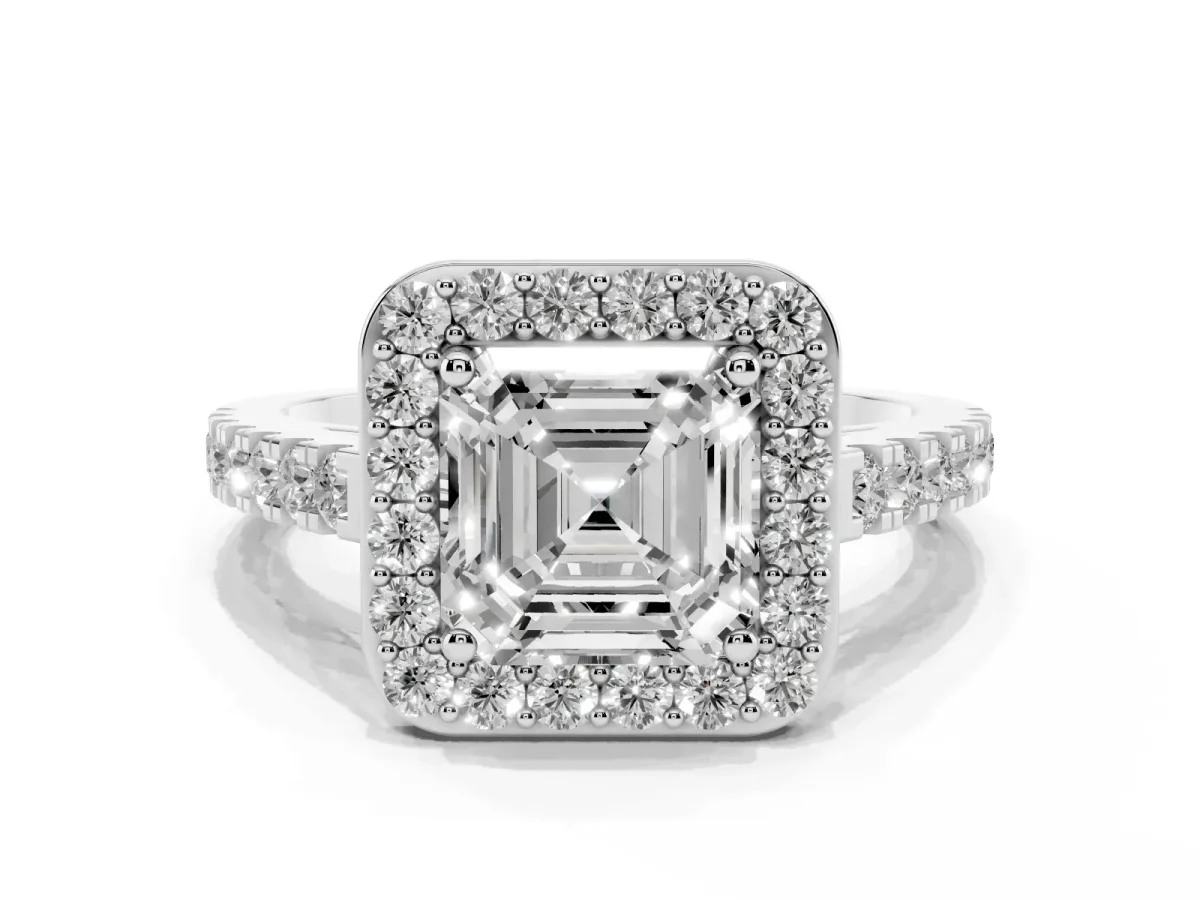 Asscher Cut Diamond Halo Ring with Round Pavé Split Shank and Prong Setting Silver