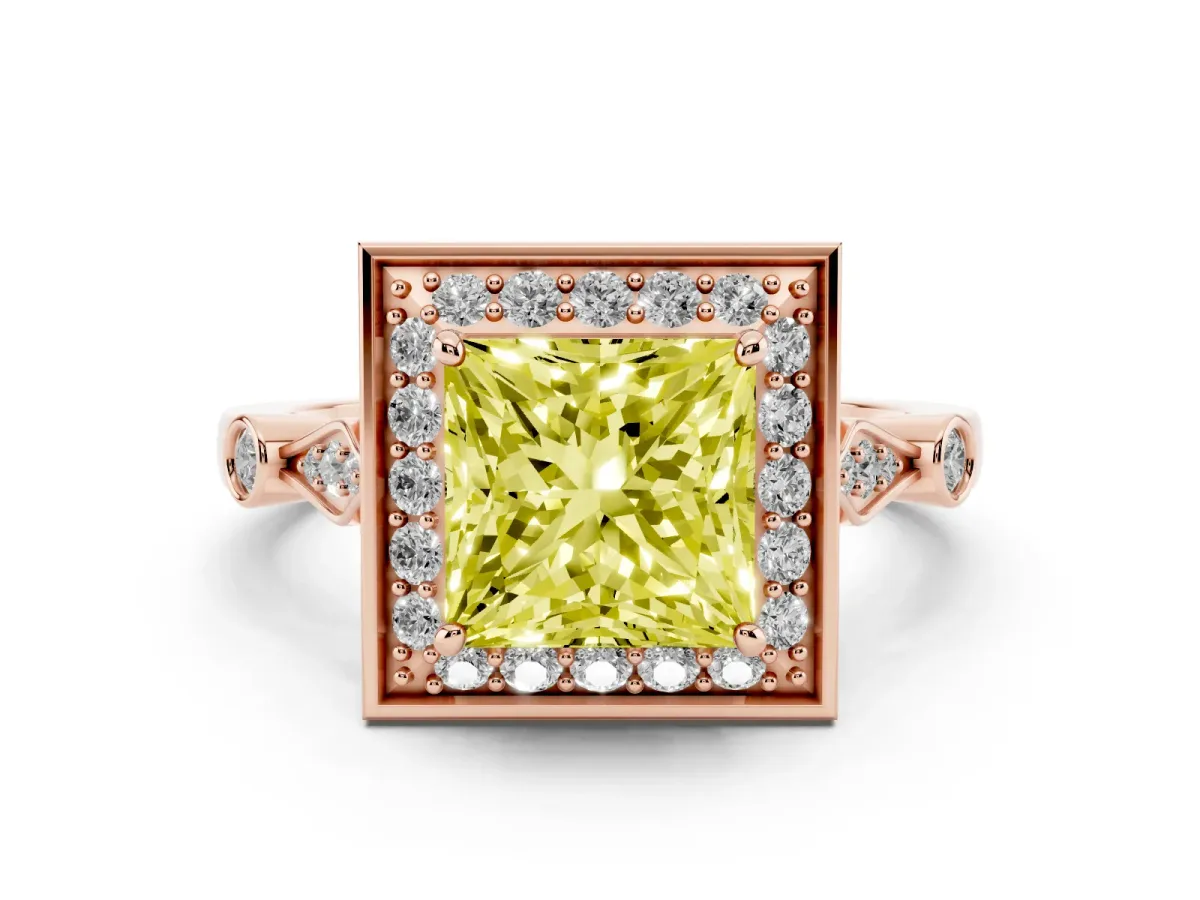 Fancy Yellow Princess Cut Halo Diamond Engagement Ring with Twisted Band and Four-Prong Setting Rose gold