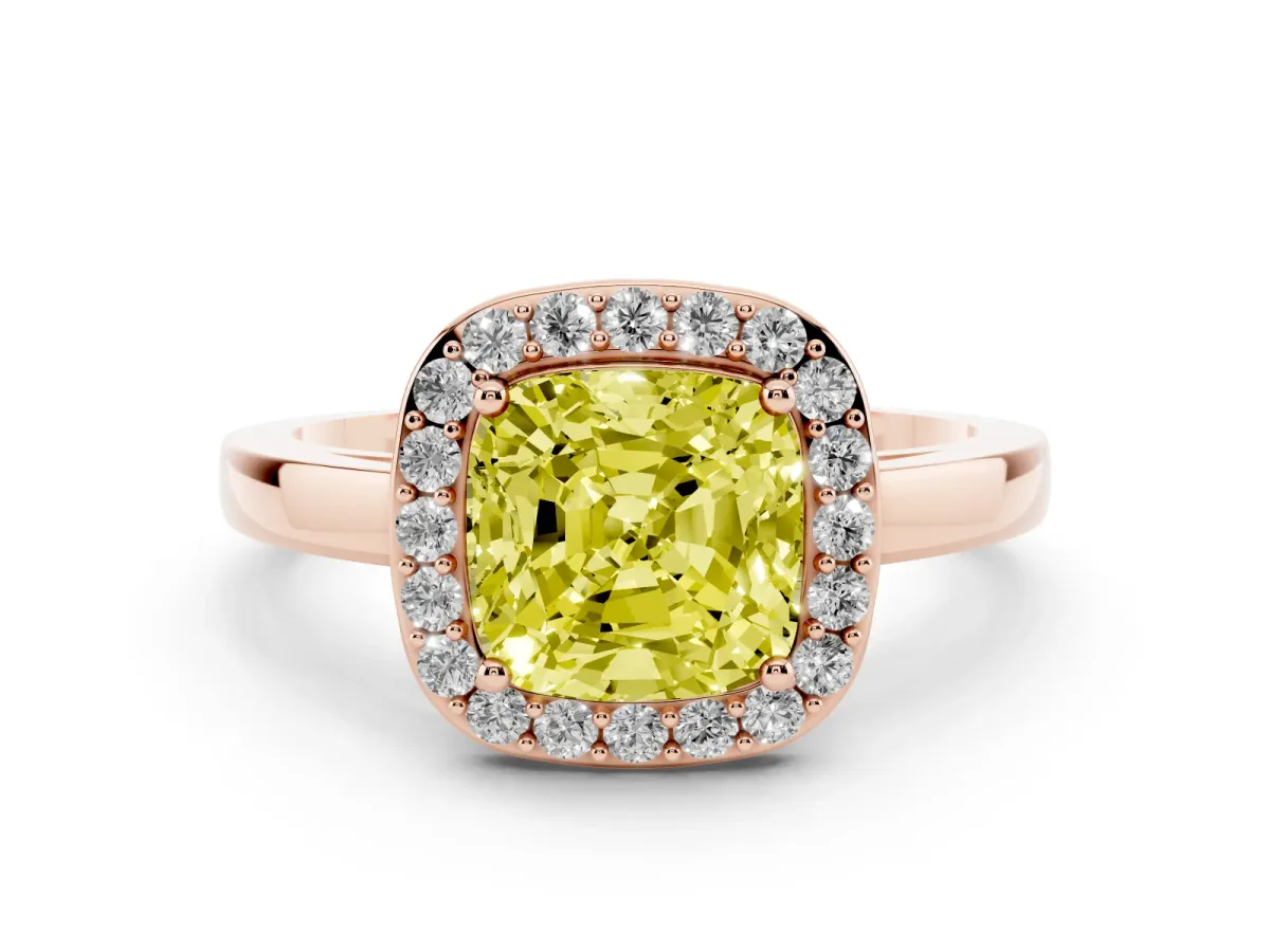 Fancy Yellow Cushion Cut Halo Diamond Ring with Solitaire Band and Prong Setting Rose gold