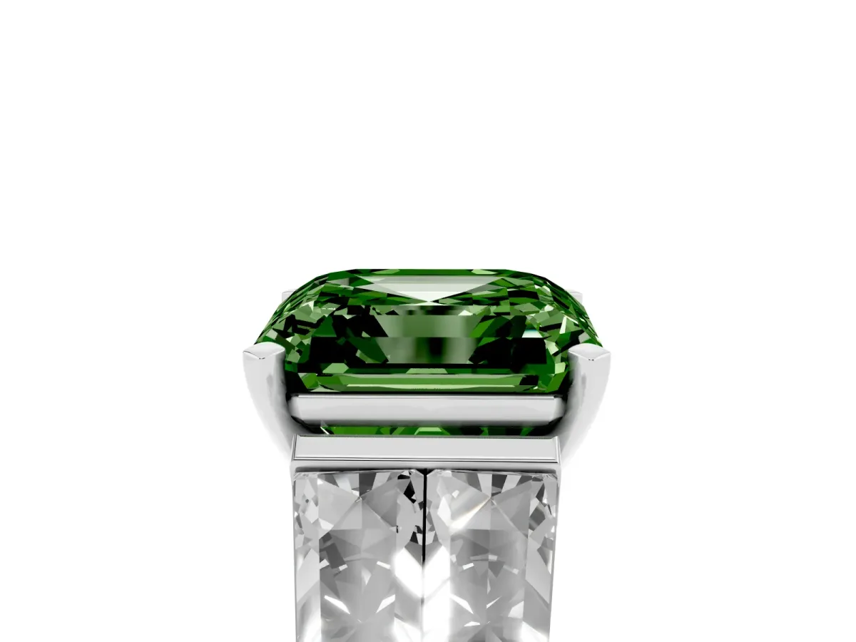 Fancy Green Asscher Cut Diamond Engagement Ring with Baguette Side Stones and Channel Set Band White gold