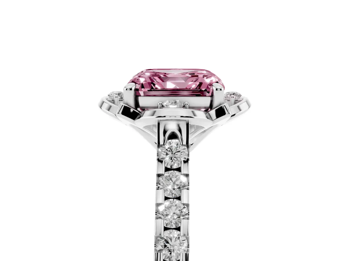Fancy Pink Asscher Cut Diamond Ring with Pavé Band and Floral Prong Setting Silver