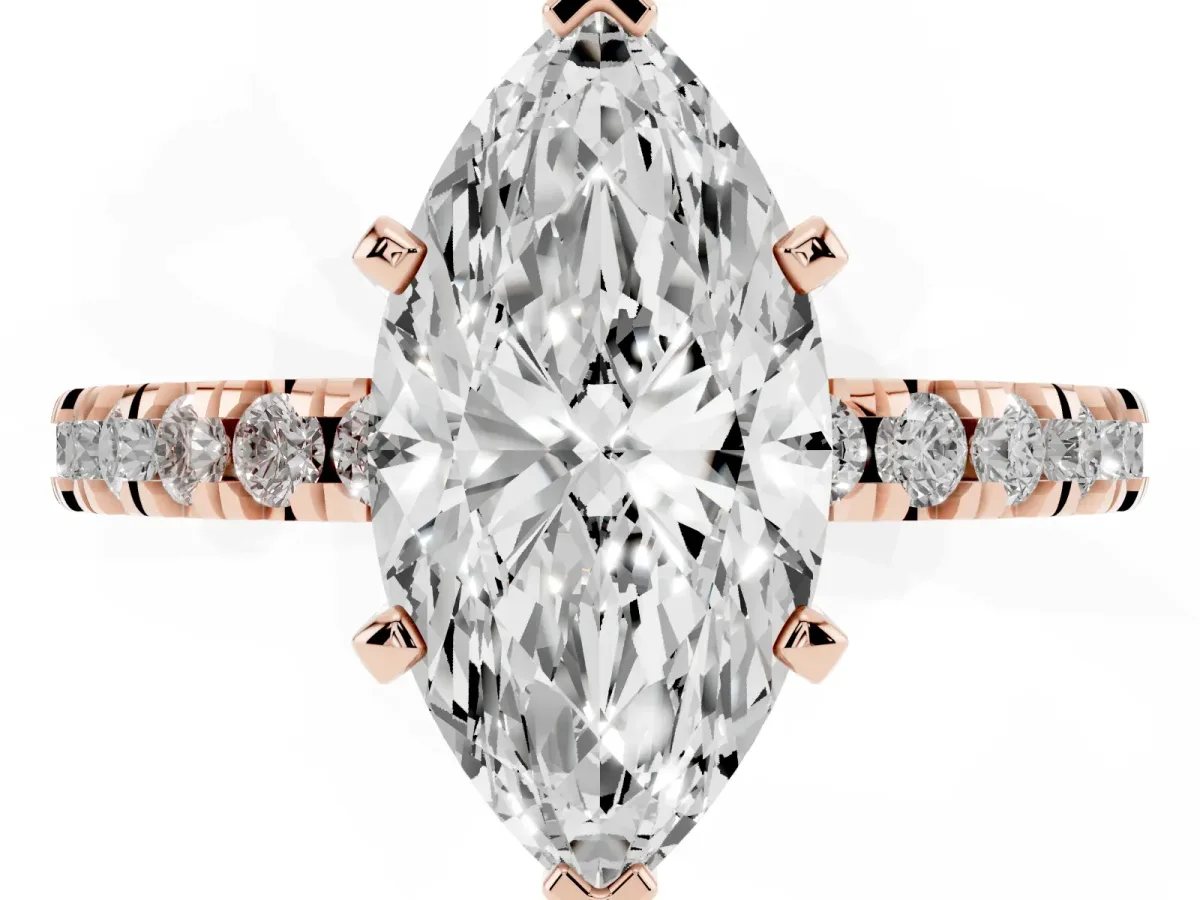 Marquise Cut Diamond Pavé Band Solitaire with Four-Prong Setting Rose gold
