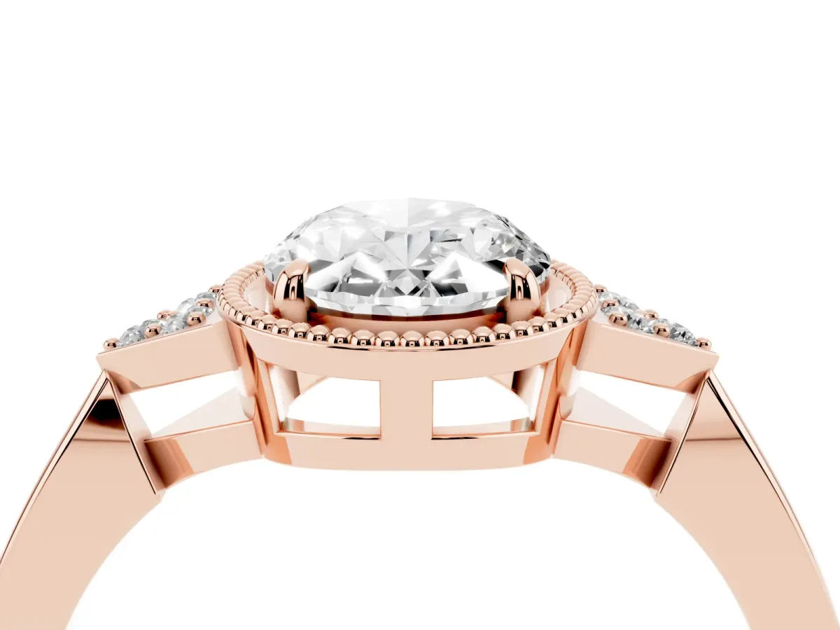 Hexagonal Halo Oval Cut Diamond Solitaire with Pavé Band and Four-Prong Setting Rose gold