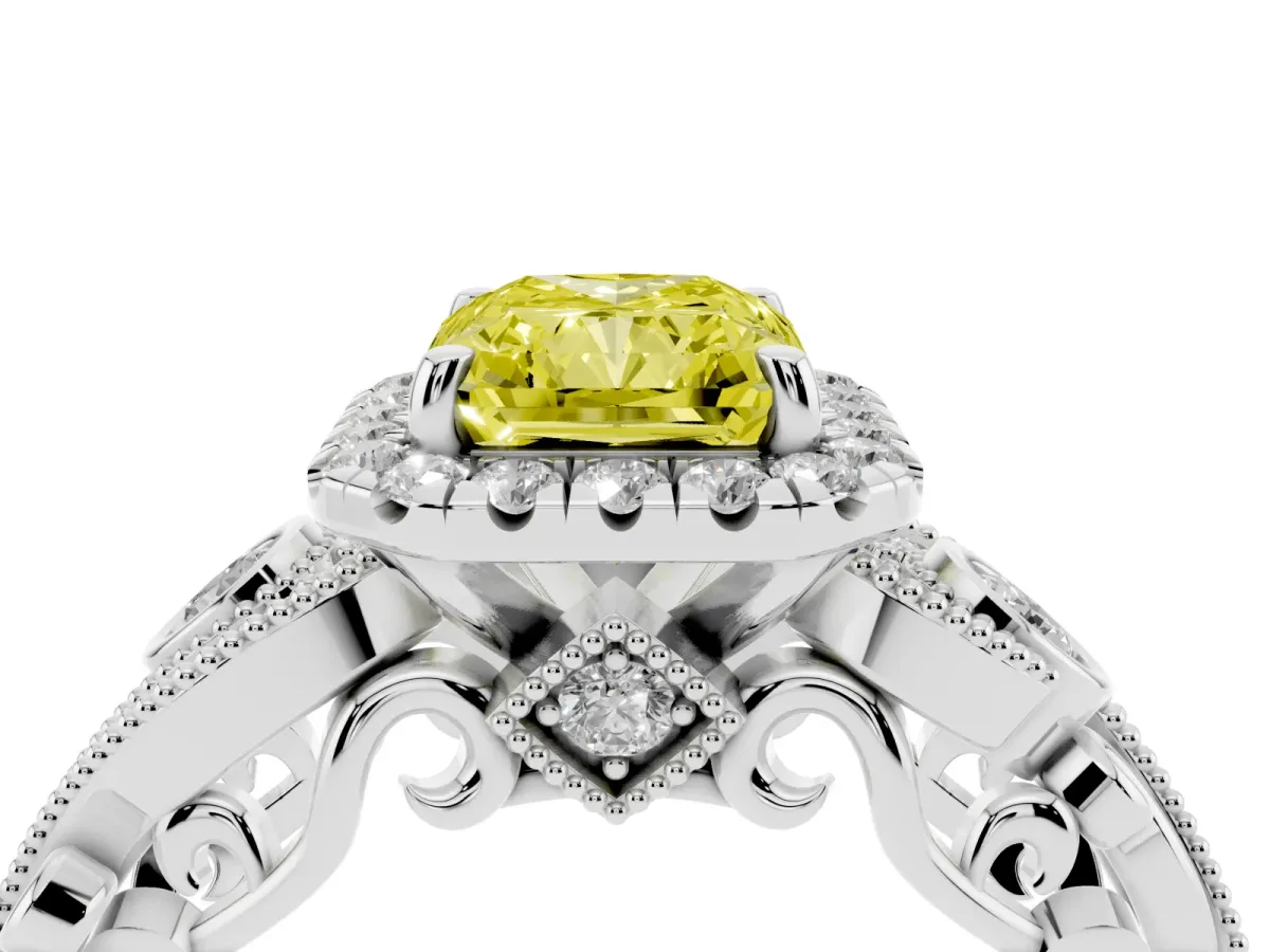 Fancy Yellow Radiant Cut Diamond Halo Ring with Milgrain Pavé Band and Four-Prong Setting Silver