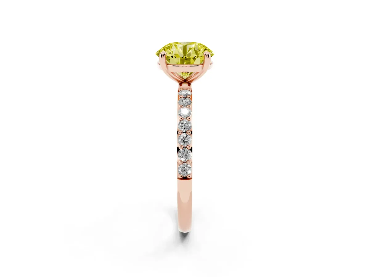Fancy Yellow Round Cut Diamond Solitaire Ring with Round Pavé Band and Prong Setting Rose gold