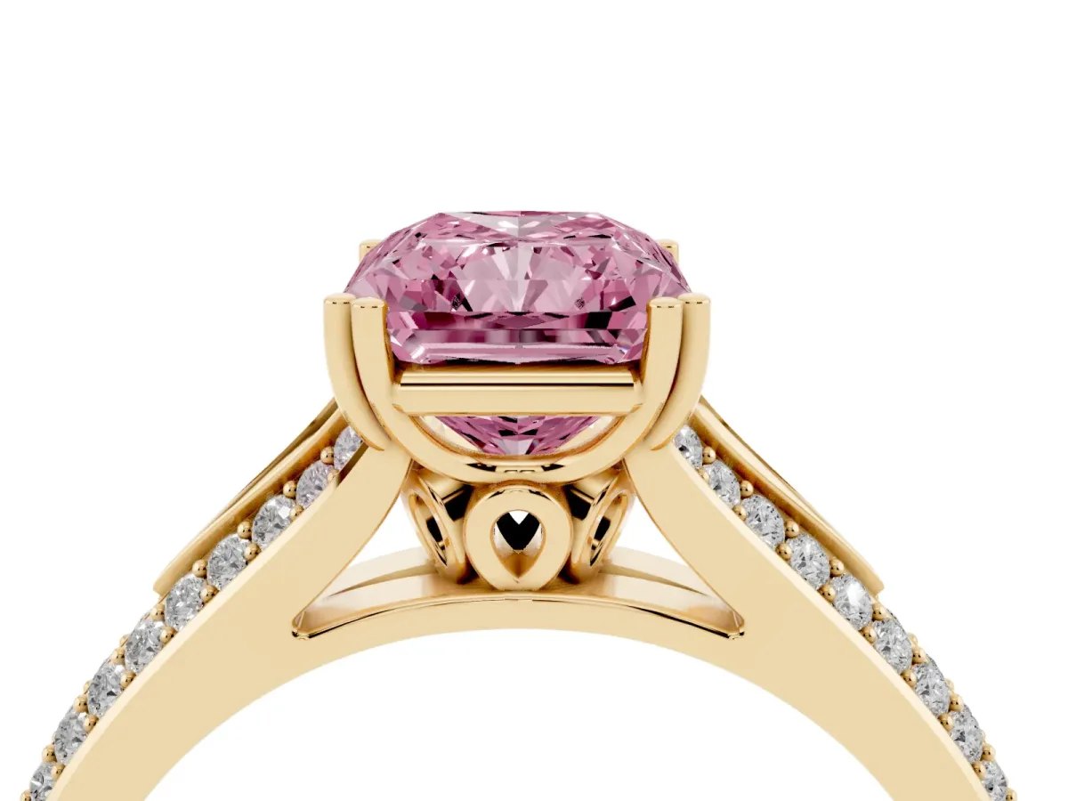 Fancy Pink Radiant Cut Diamond Split Shank Engagement Ring with Pavé Band Yellow gold