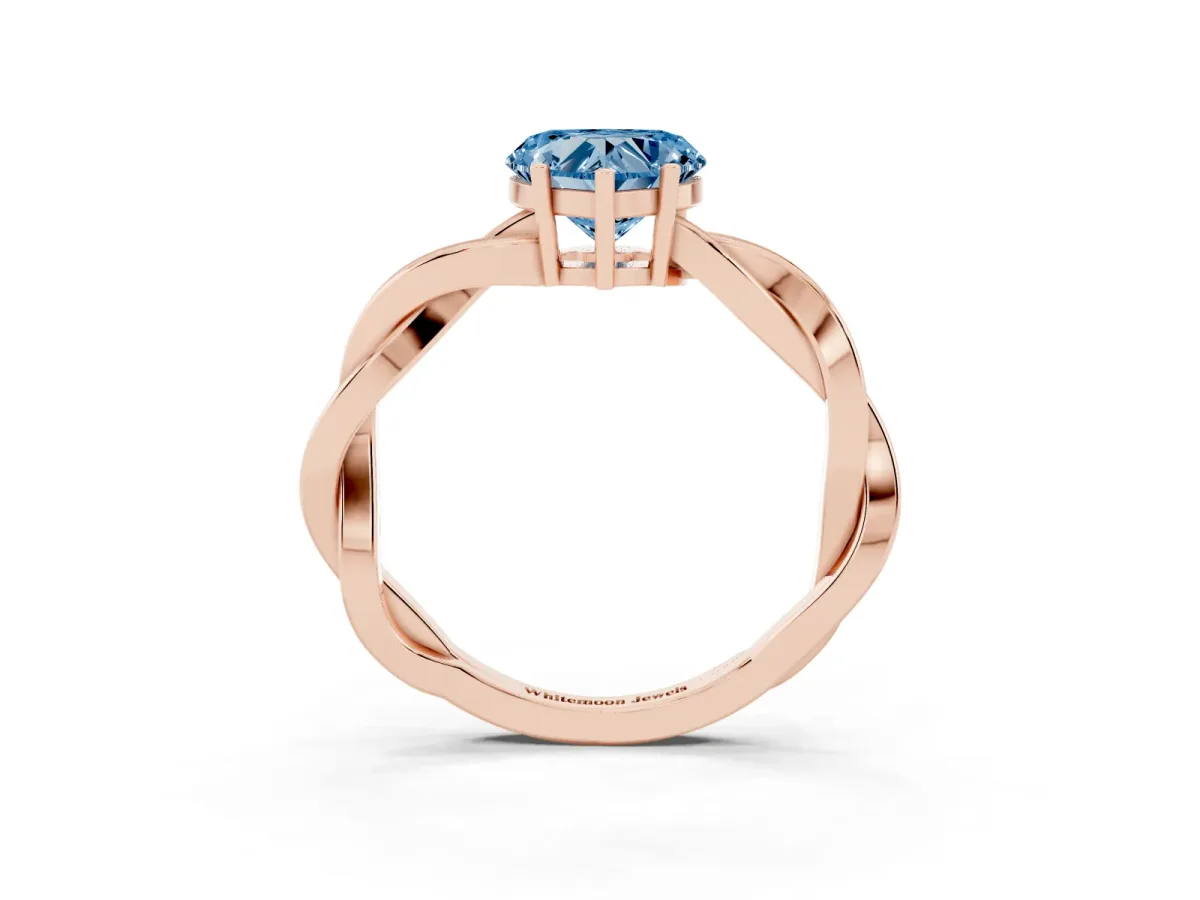 Fancy Blue Heart Cut Solitaire Twisted Pave Diamond Ring with Four-Prong Setting Rose gold