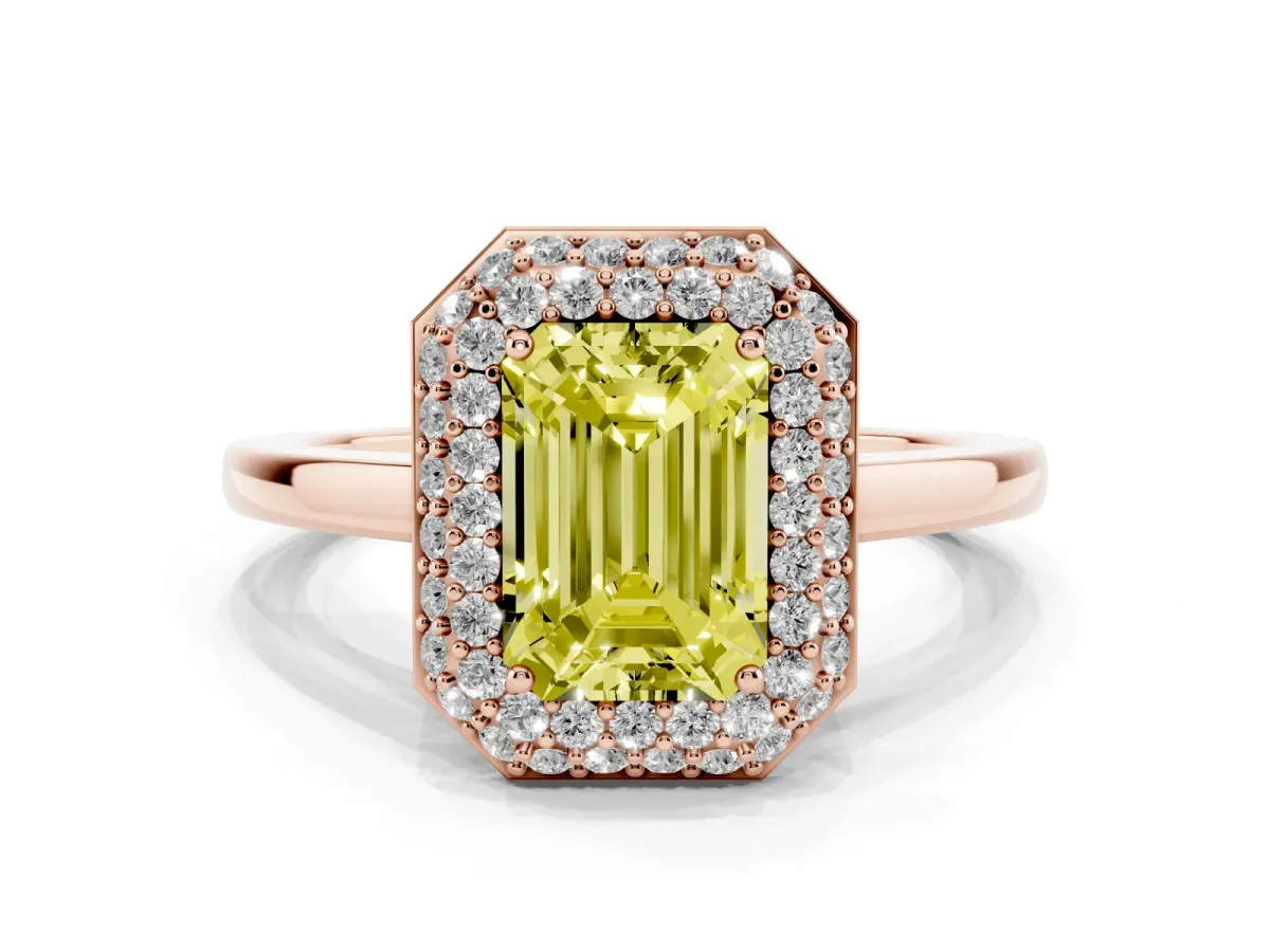 Fancy Yellow Emerald Cut Halo Diamond Engagement Ring with Solitaire Band and Four-Prong Setting Rose gold
