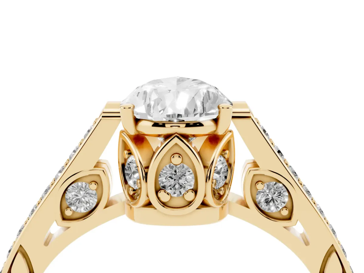 Pear Cut Cut Cathedral Pave Diamond Engagement Ring with Six-Prong Setting Yellow gold
