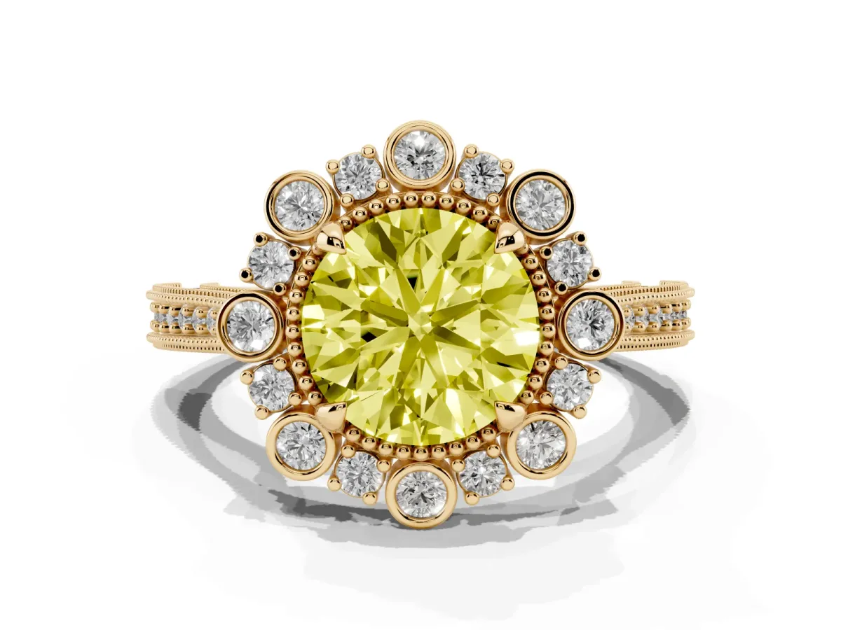 Fancy Yellow Round Cut Halo Milgrain Pave Diamond Ring with Four-Prong Setting Yellow gold