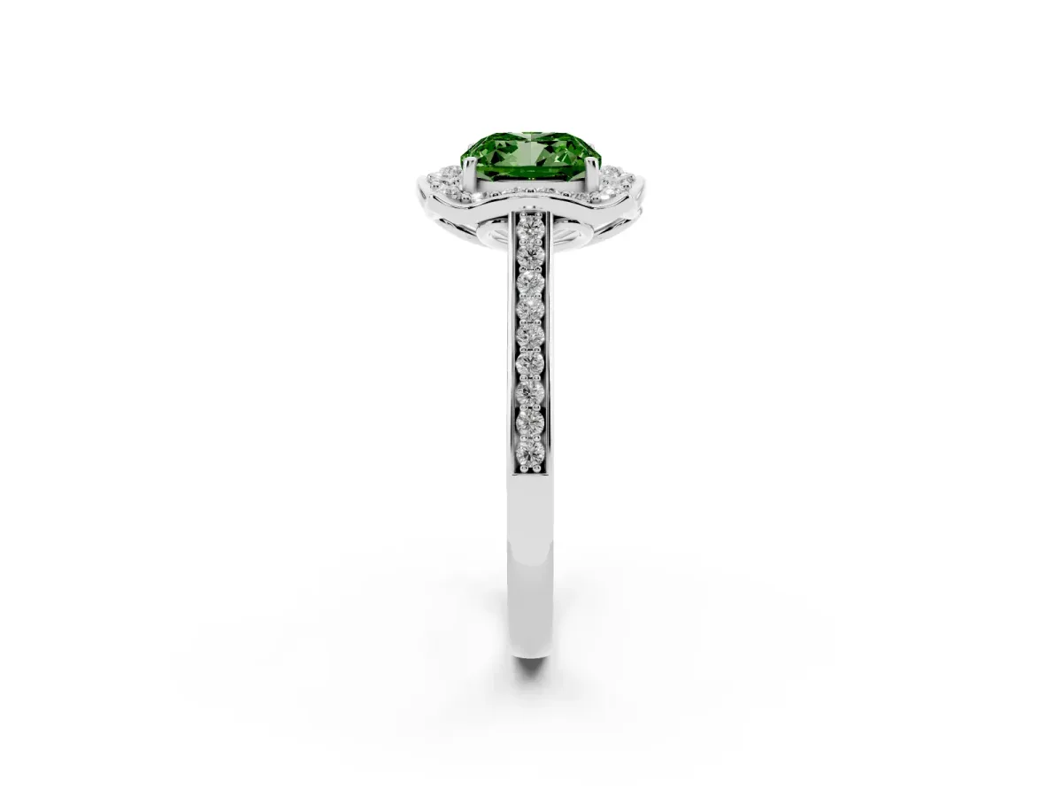 Fancy Green Cushion Cut Halo Round Diamond Pave Band with Four-Prong Setting Platinum