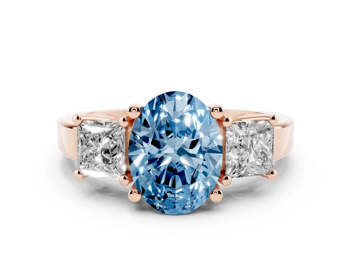 Fancy Blue Three-Stone Oval Cut Cut Solitaire Ring with Prong Setting Rose gold