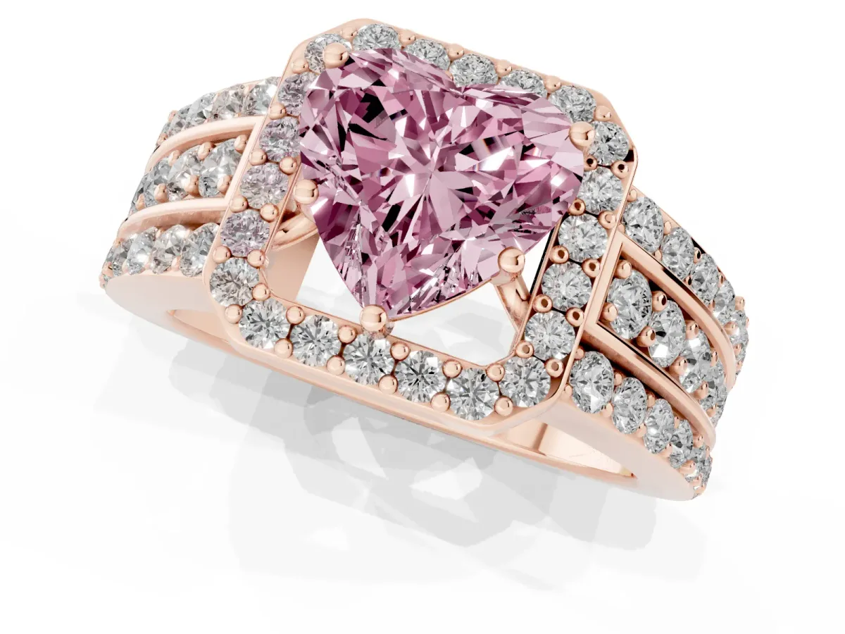 Fancy Pink Heart Cut Halo Diamond Ring with Round Split Shank and Prong Setting Rose gold