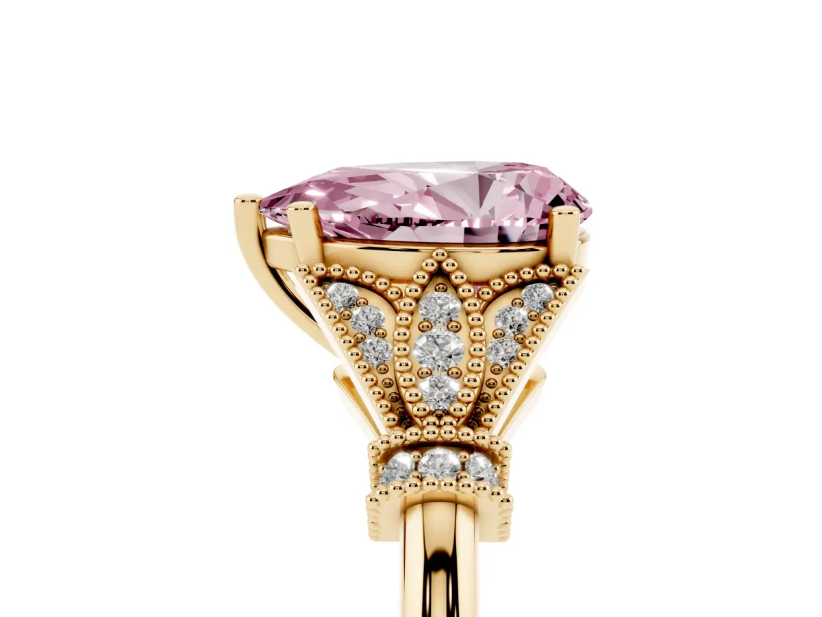 Fancy Pink Pear Cut Diamond Solitaire Ring with Floral Filigree and Pave Accents Yellow gold