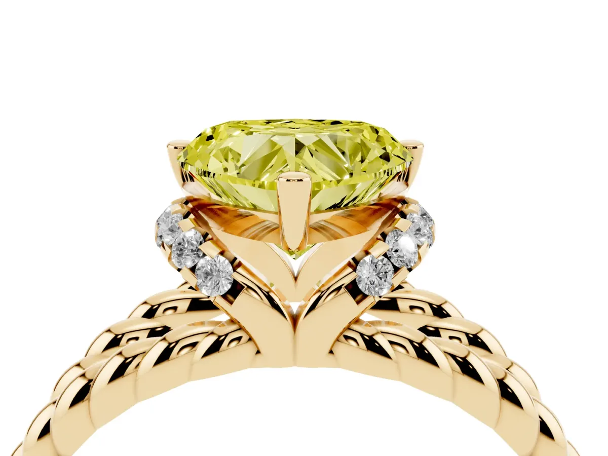 Fancy Yellow Heart Cut Halo Twisted Band Four-Prong Ring Yellow gold