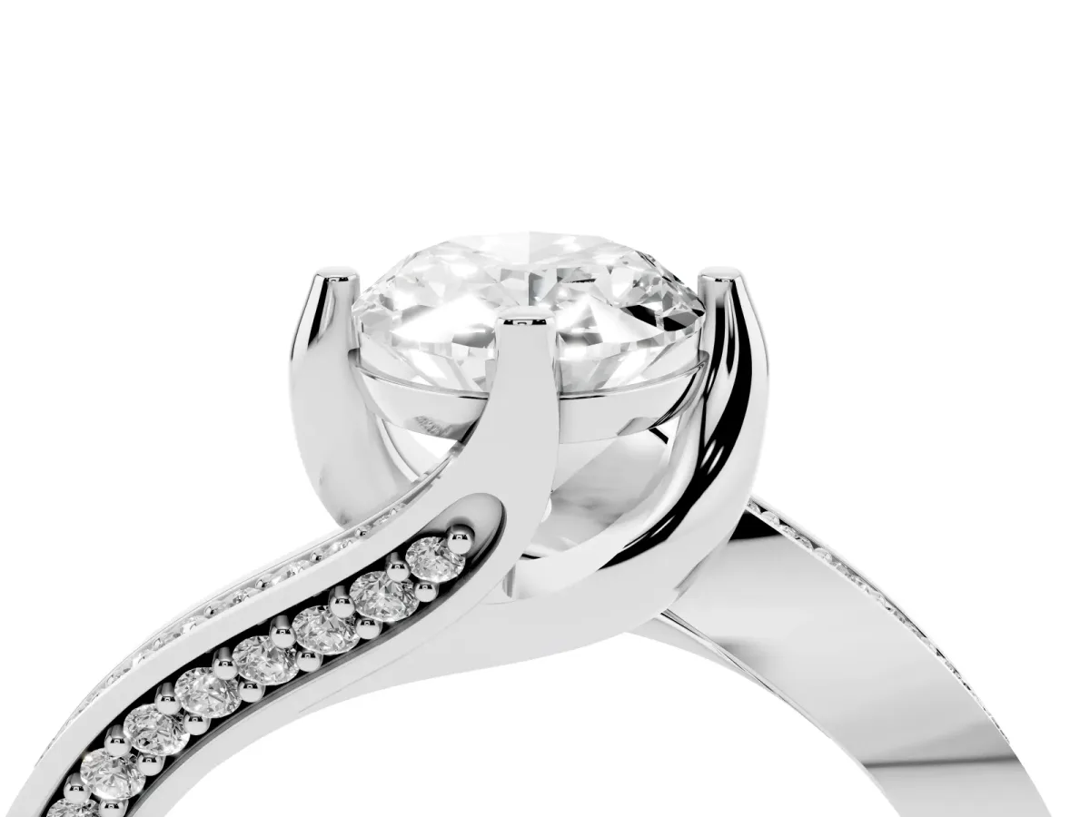 Oval Cut Solitaire Diamond Twist Band with Pavé Setting and Four-Prong Setting Silver