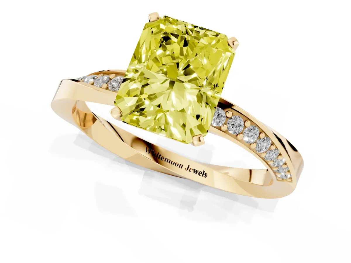 Fancy Yellow Radiant Cut Diamond Engagement Ring with Side Stone Accents and Four-Prong Setting Yellow gold