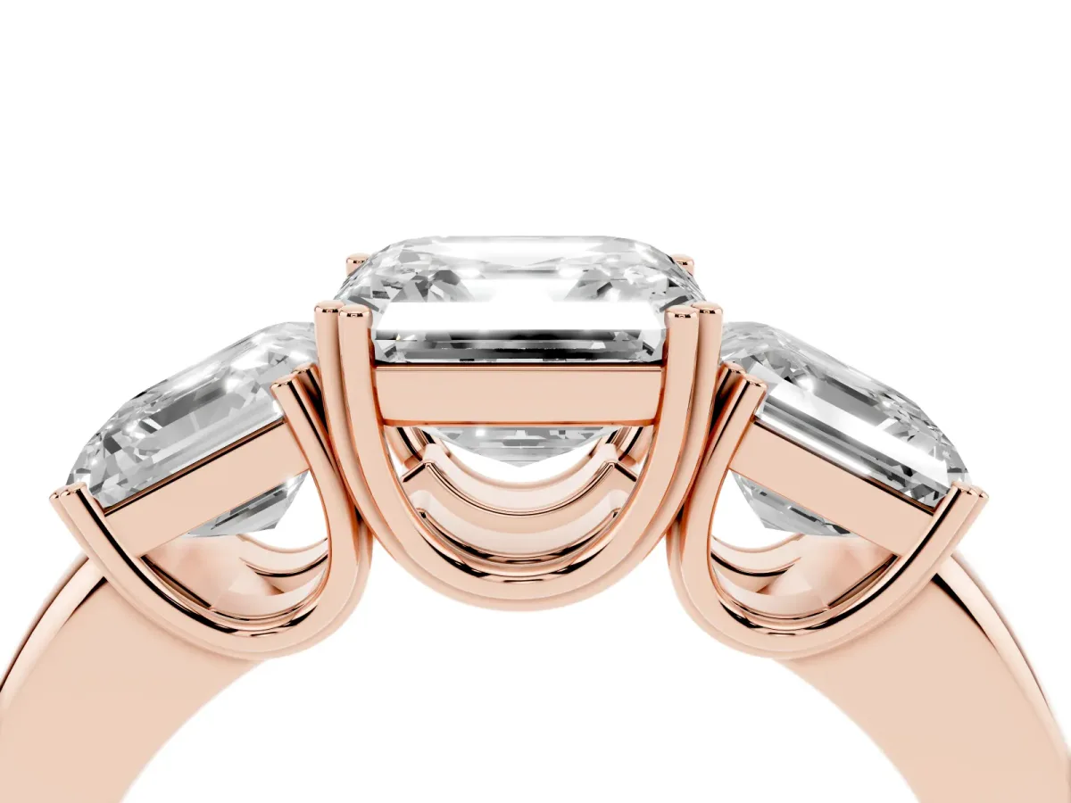 Three-Stone Asscher Cut Cut Diamond Ring with Channel Set Band and Four-Prong Setting Rose gold