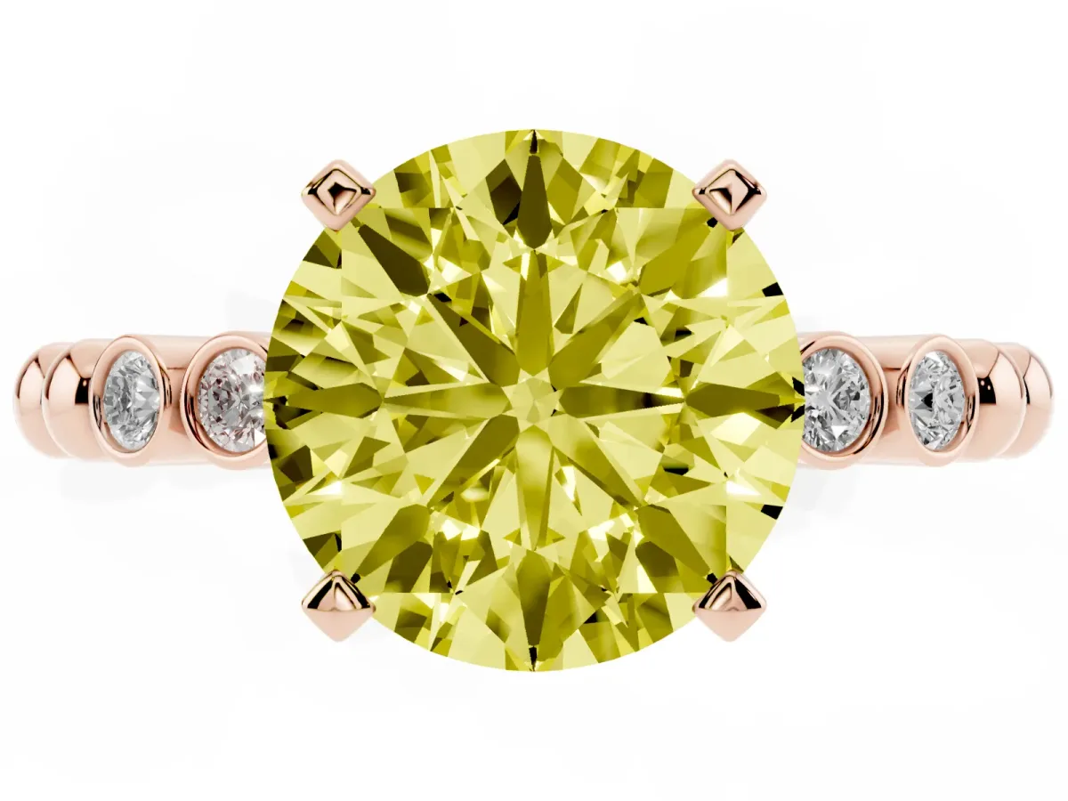 Fancy Yellow Round Cut Solitaire Bezel Accent Diamond Engagement Ring with Beaded Band and Four-Prong Setting Rose gold