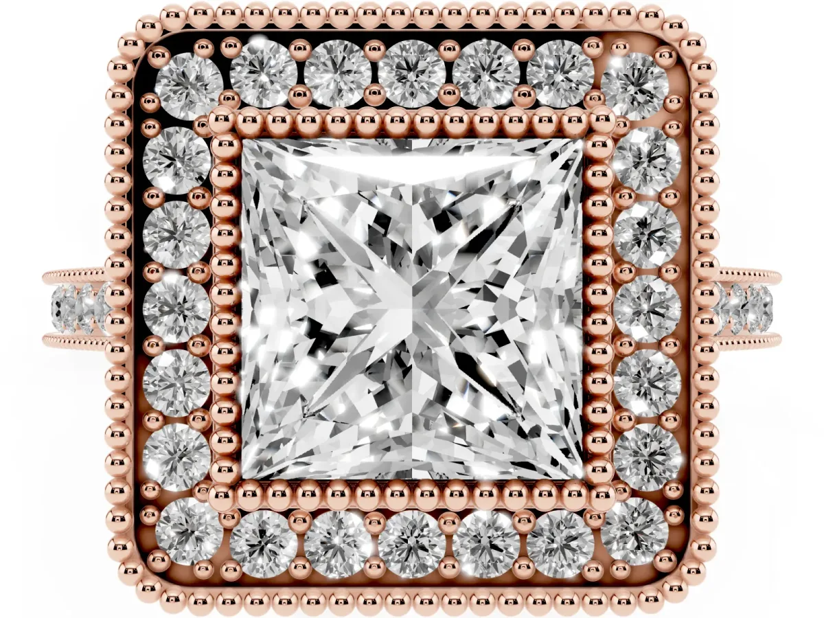 Princess Cut Diamond Halo Ring with Milgrain Frame and Pavé Band Rose gold
