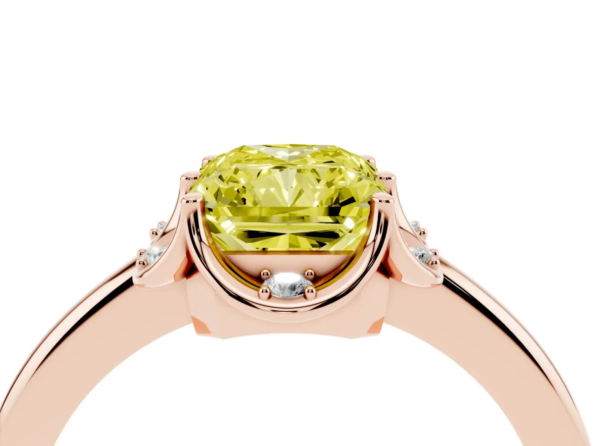 Fancy Yellow Radiant Cut Halo Diamond Ring with Round Cluster Setting, Solitaire Band, and Four-Prong Setting Rose gold