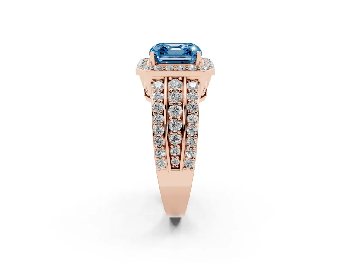 Fancy Blue Asscher Cut Halo Diamond Ring with Round Split Shank and Prong Setting Rose gold