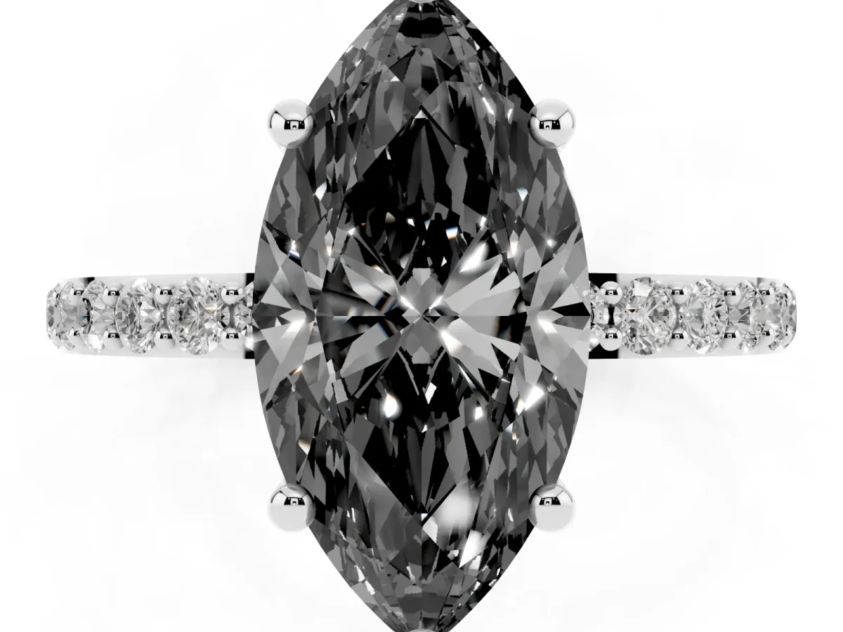 Fancy Black Marquise Cut Diamond Solitaire Ring with Round Pavé Band and Prong Setting Silver