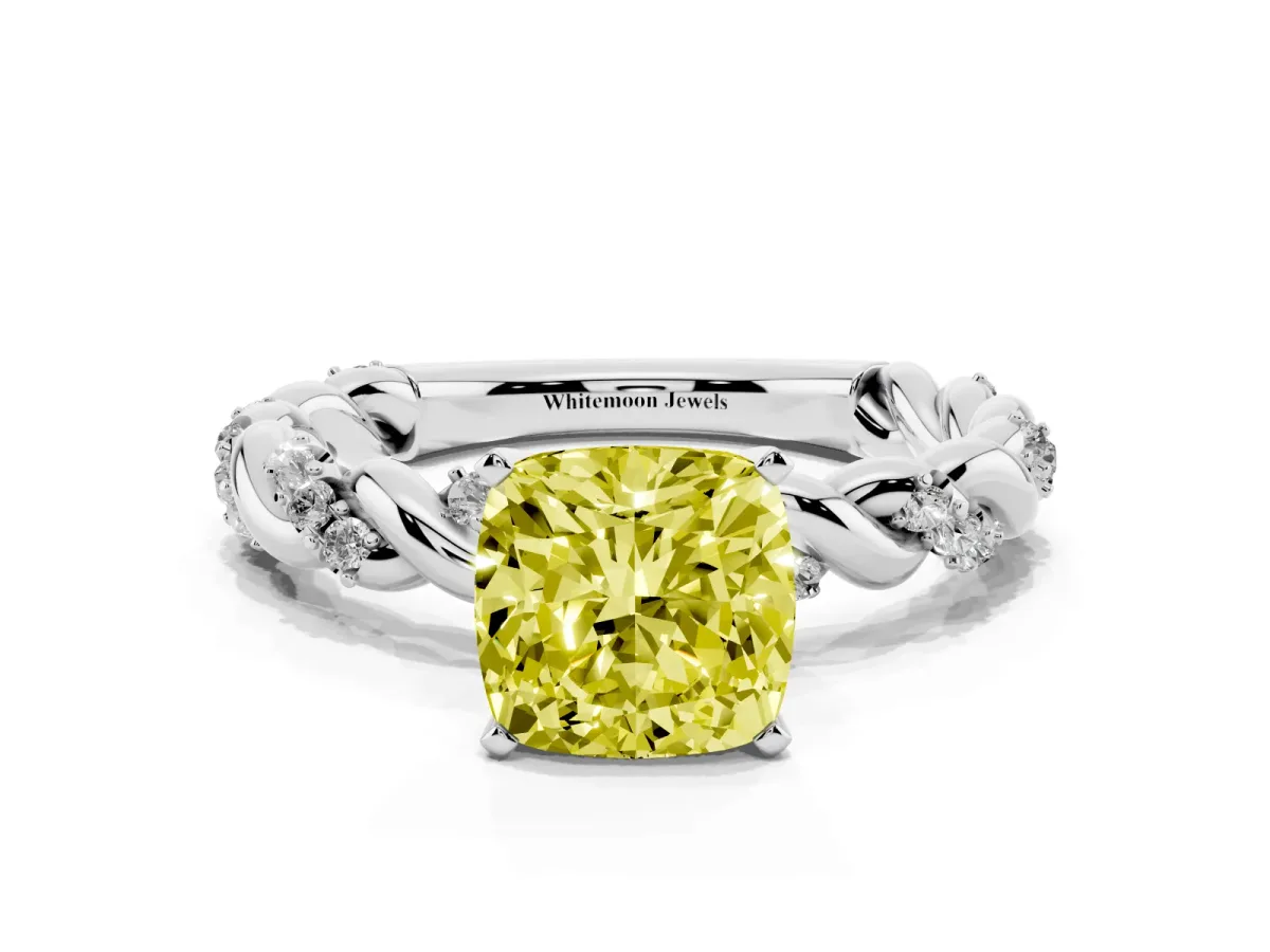 Fancy Yellow Cushion Cut Diamond Solitaire Ring with Twisted Band and Pavé Accents White gold