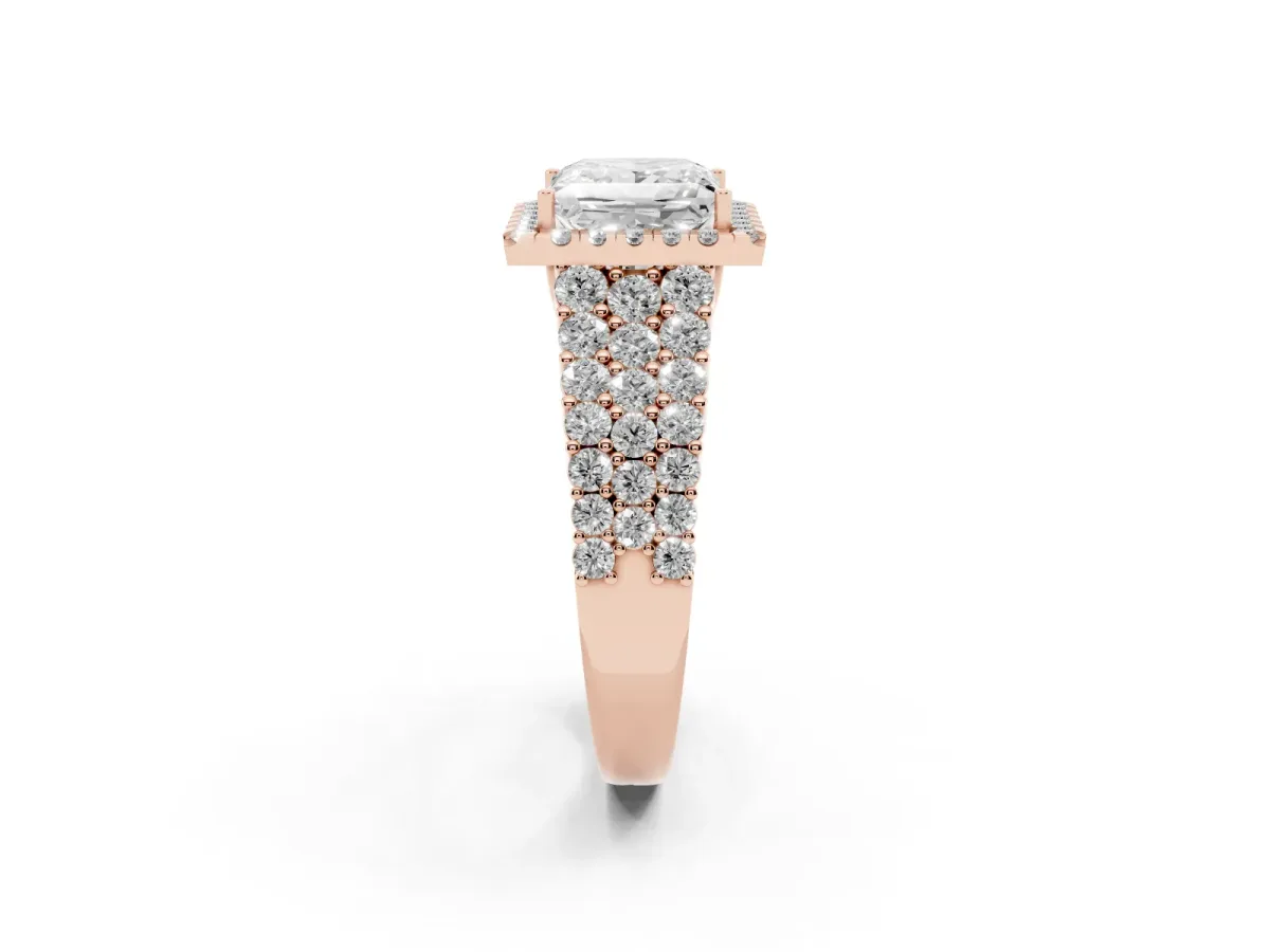 Princess Cut Diamond Halo Engagement Ring with Triple Row Round Pavé Band and Prong Setting Rose gold