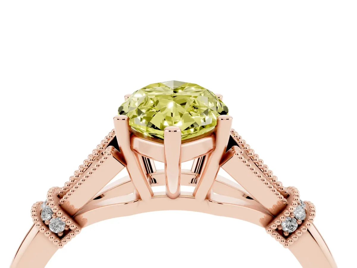 Fancy Yellow Marquise Cut Diamond Solitaire Ring with Floral Filigree and Pave Accents Rose gold