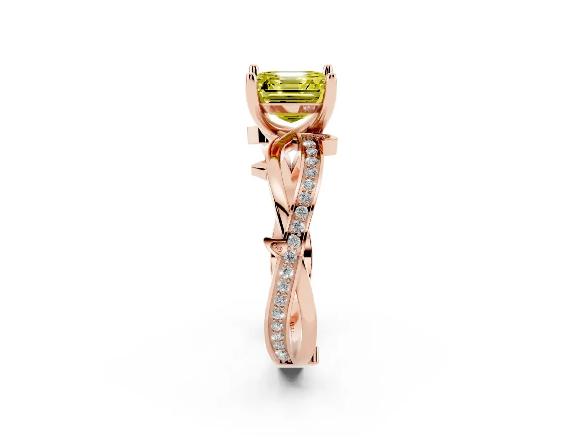Fancy Yellow Asscher Cut Solitaire Twist Band with Pavé Accents and Four-Prong Setting Rose gold
