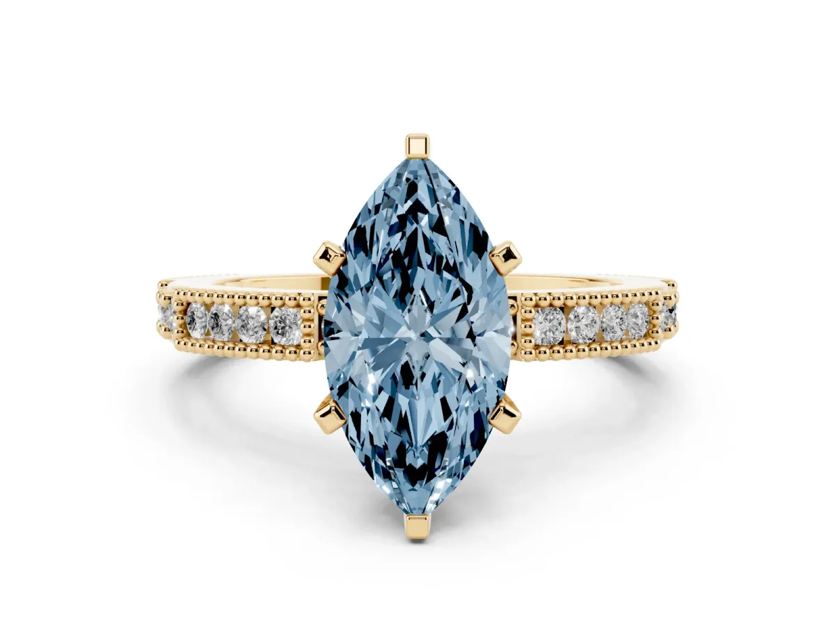 Fancy Blue Marquise Cut Solitaire with Pavé Band and Four-Prong Setting Yellow gold