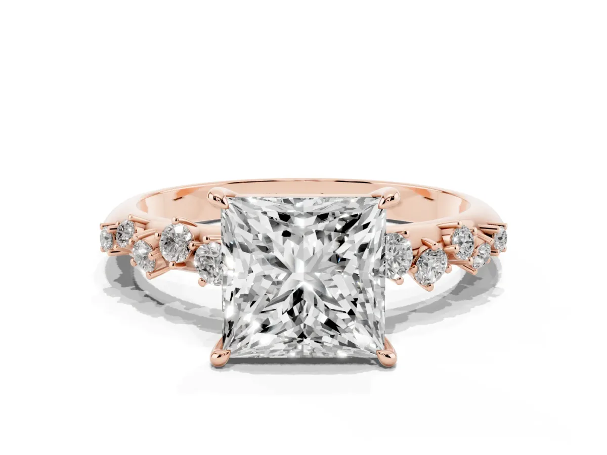 Princess Cut Diamond Cluster Side Stone Solitaire Ring with Prong Setting Rose gold