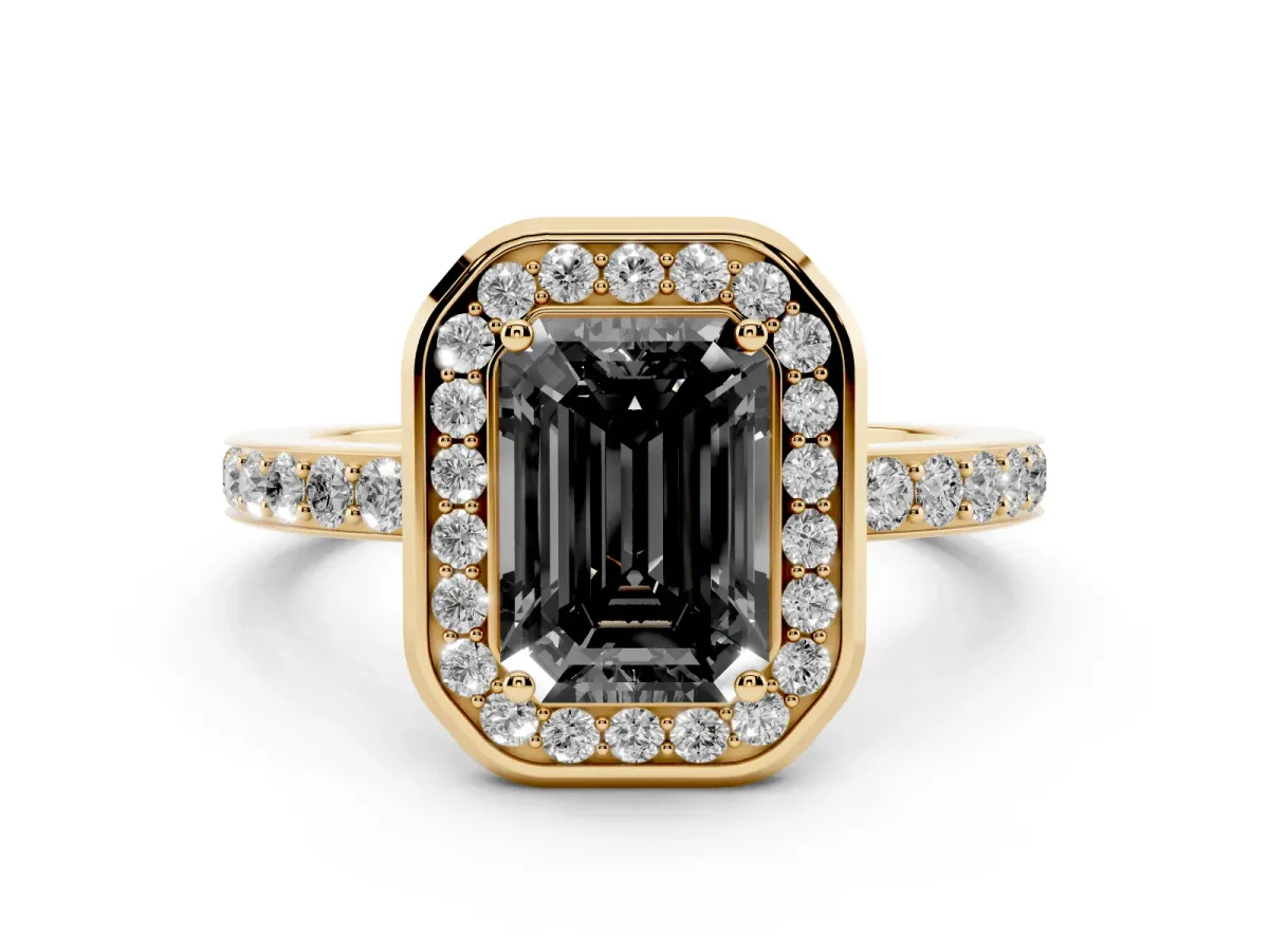 Fancy Black Emerald Cut Diamond Halo Ring with Bezel Frame and Pavé Band Yellow gold