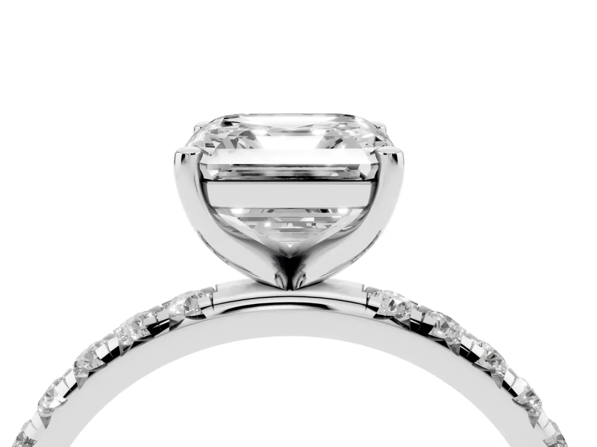 Asscher Cut Cut Diamond Solitaire Ring with Micro Pave Band and Four Prong Setting Silver