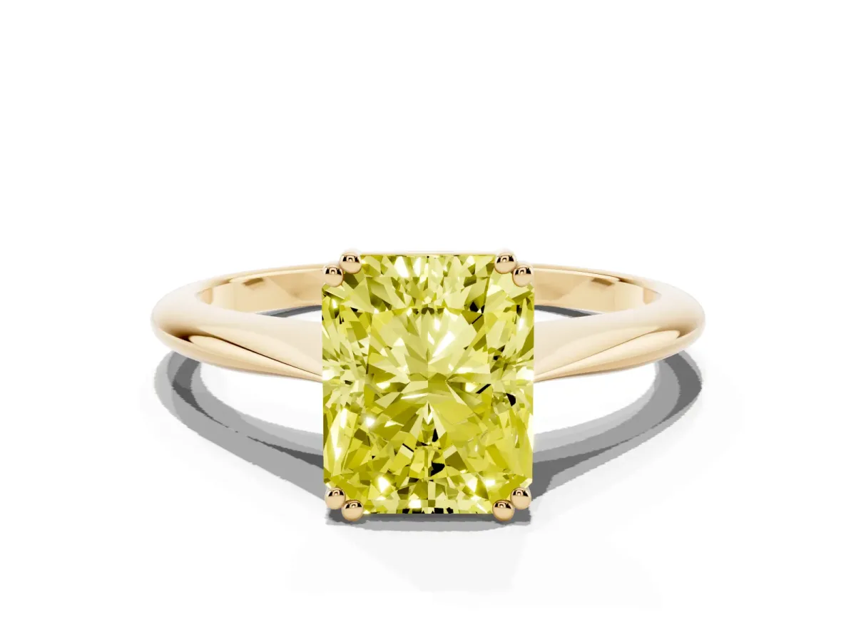 Fancy Yellow Radiant Cut Solitaire Diamond Ring with Six-Prong Setting and Classic Band Yellow gold
