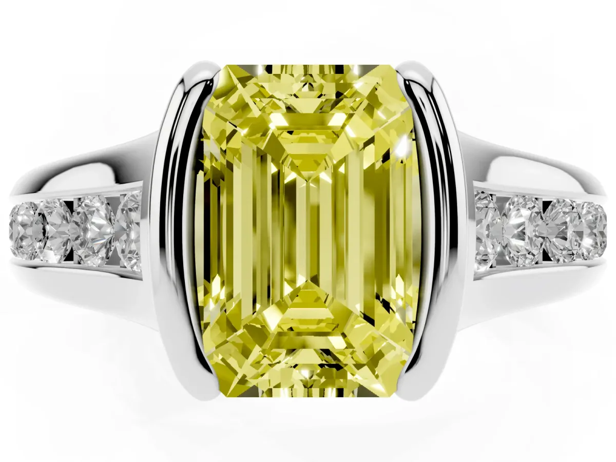 Fancy Yellow Emerald Cut Solitaire Bezel-Set Diamond Ring with Channel-Set Band Platinum