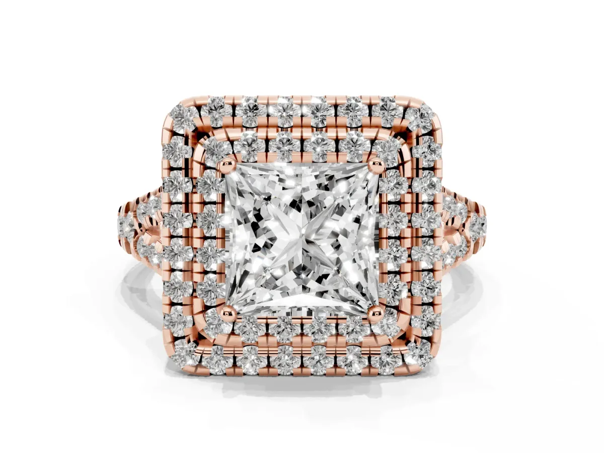 Double Halo Princess Cut Diamond Pavé Split Shank Ring with Prong Setting Rose gold