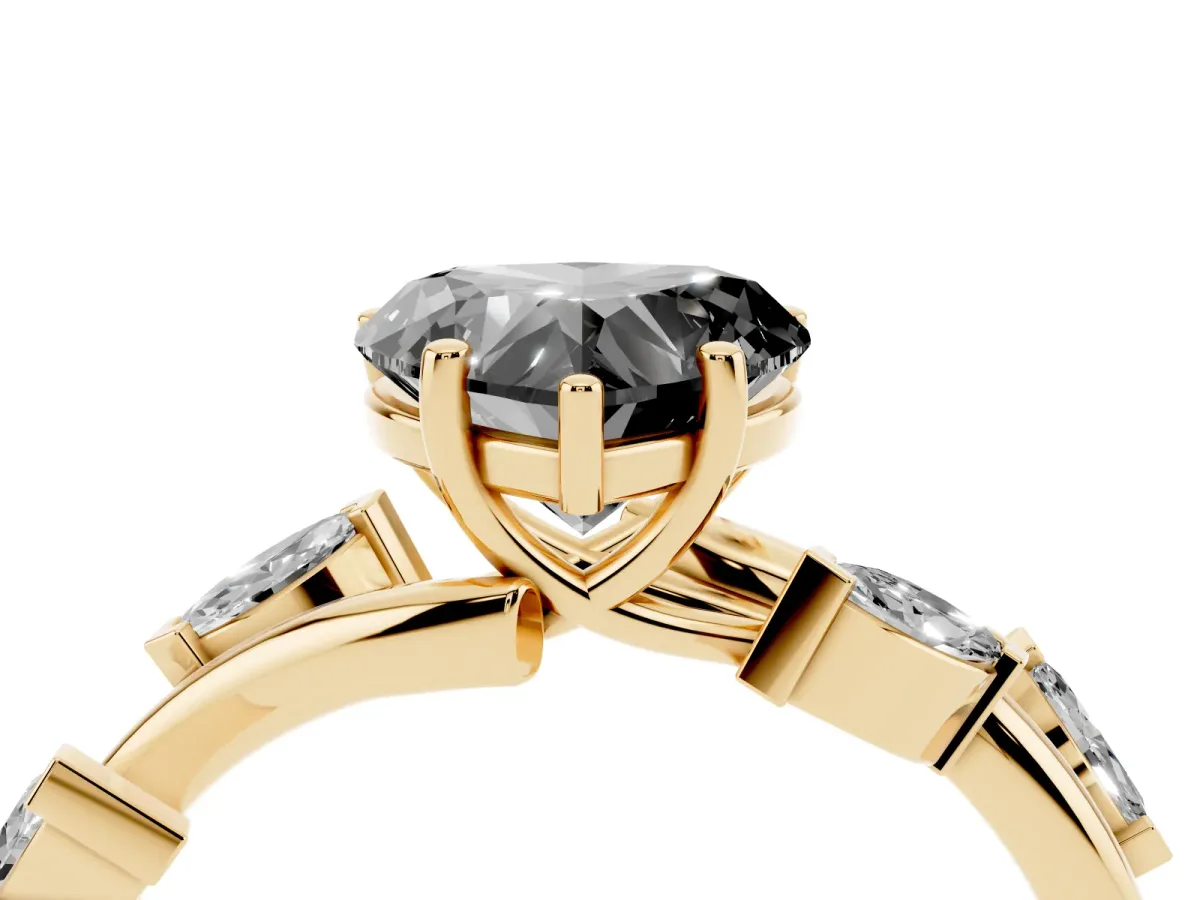 Fancy Black Heart Cut Solitaire Twisted Band Marquise Accent Prong Setting Ring Yellow gold