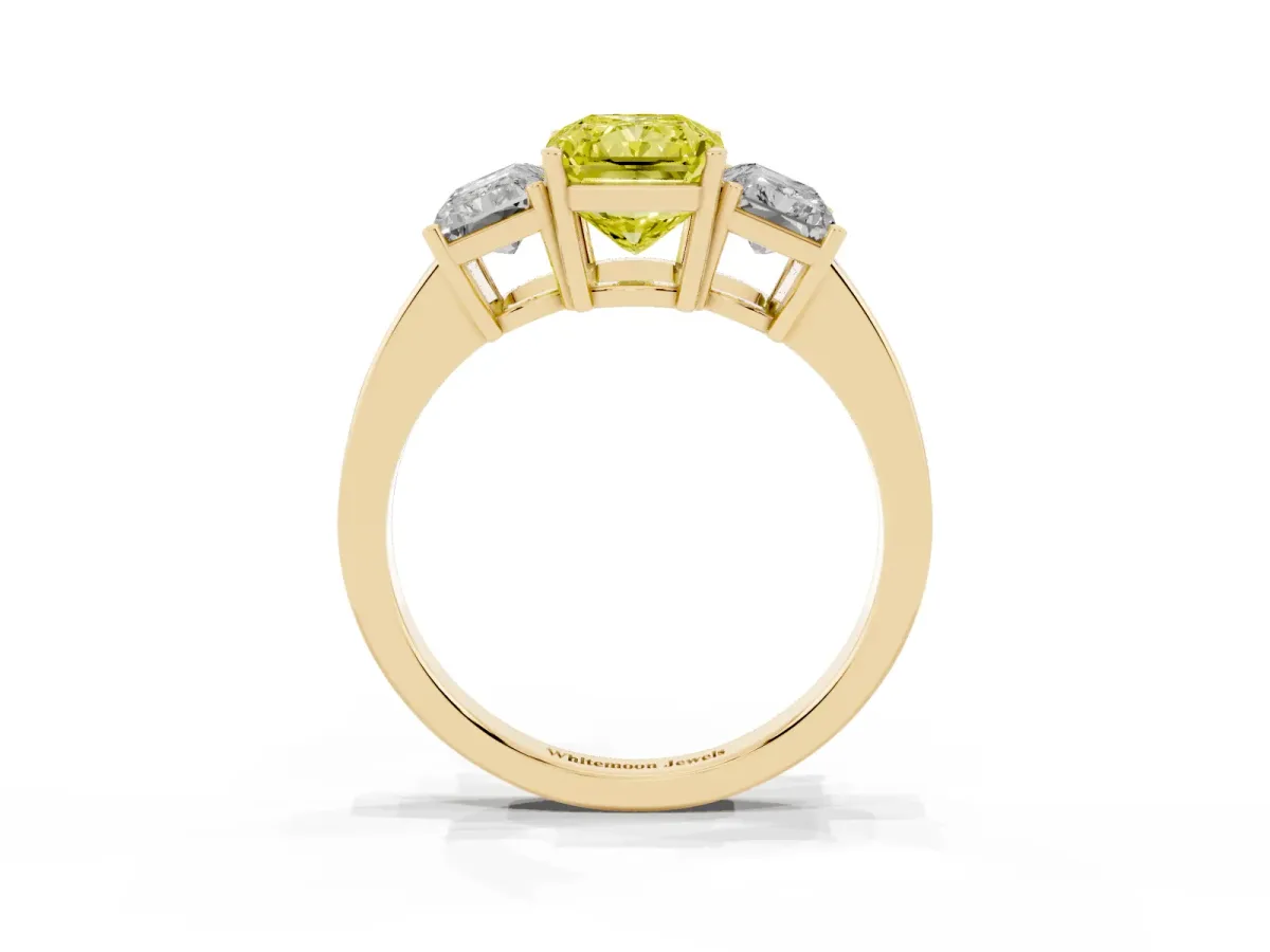 Fancy Yellow Three-Stone Radiant Cut Cut Diamond Engagement Ring with Flat Band and Four-Prong Setting Yellow gold