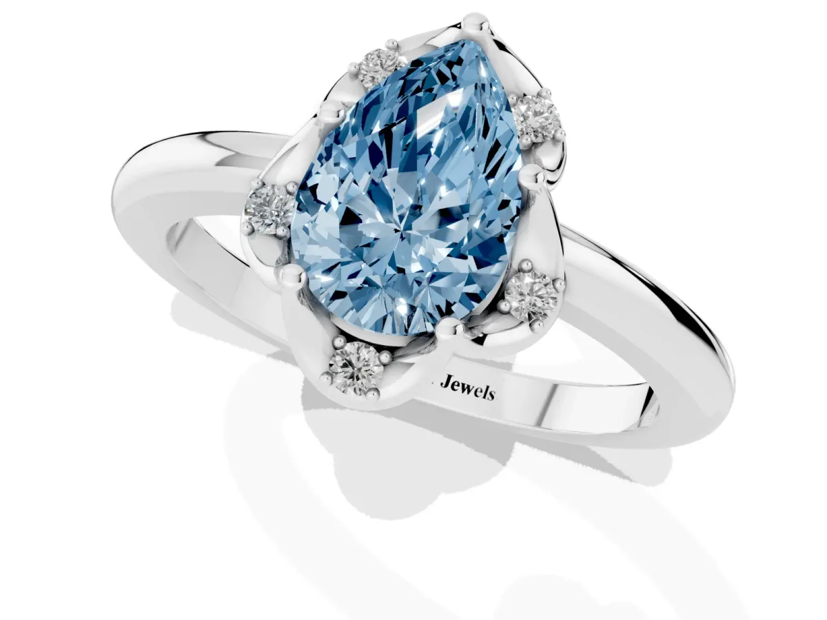 Fancy Blue Pear Cut Halo Diamond Ring with Round Cluster Setting, Solitaire Band, and Four-Prong Setting Silver