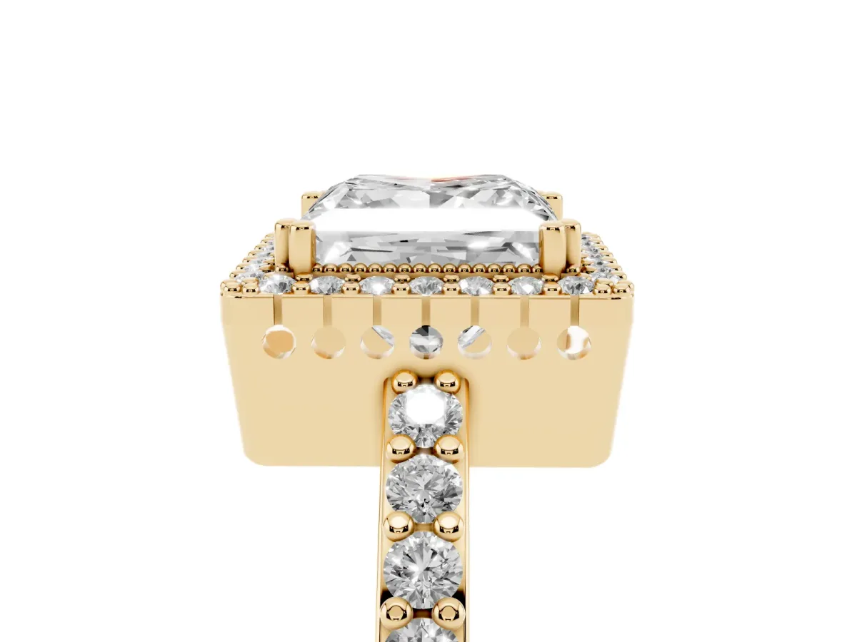 Princess Cut Cut Diamond Halo Engagement Ring with Milgrain Detail and Pavé Band Yellow gold