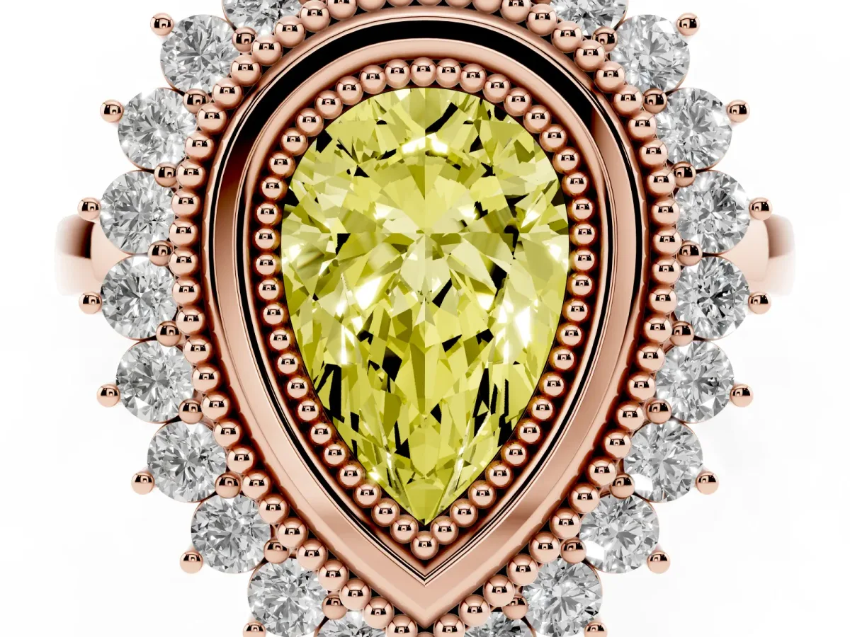 Fancy Yellow Pear Cut Halo Diamond Ring with Milgrain Edge and Round Prong Setting Rose gold
