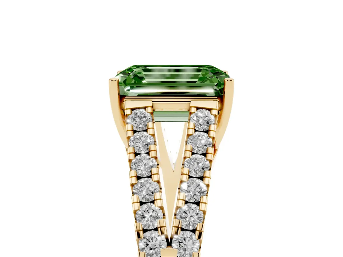 Fancy Green Emerald Cut Diamond Split Shank Pavé Engagement Ring with Four-Prong Setting Yellow gold