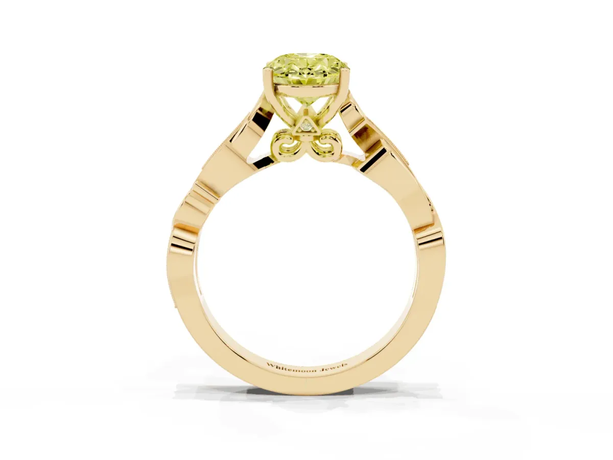 Fancy Yellow Oval Cut Solitaire Vine Band with Milgrain Prong Setting Yellow gold