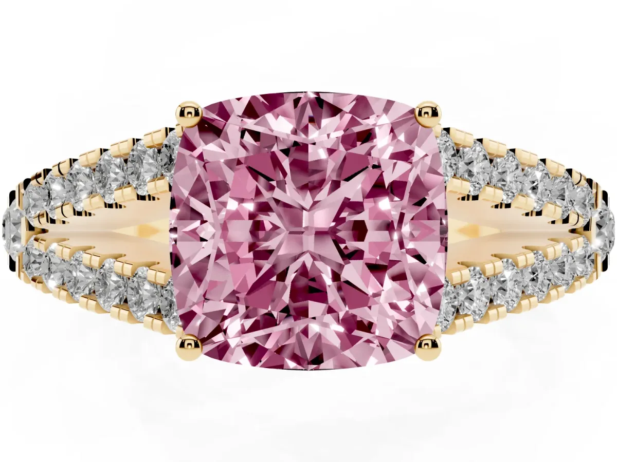 Fancy Pink Cushion Cut Diamond Split Shank Engagement Ring with Round Pavé and Prong Setting Yellow gold