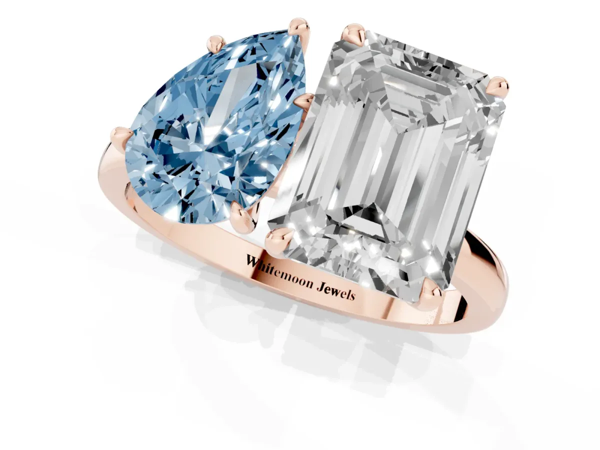 Fancy Blue Pear Cut and Emerald Cut Toi Moi Ring with Prong Setting Rose gold