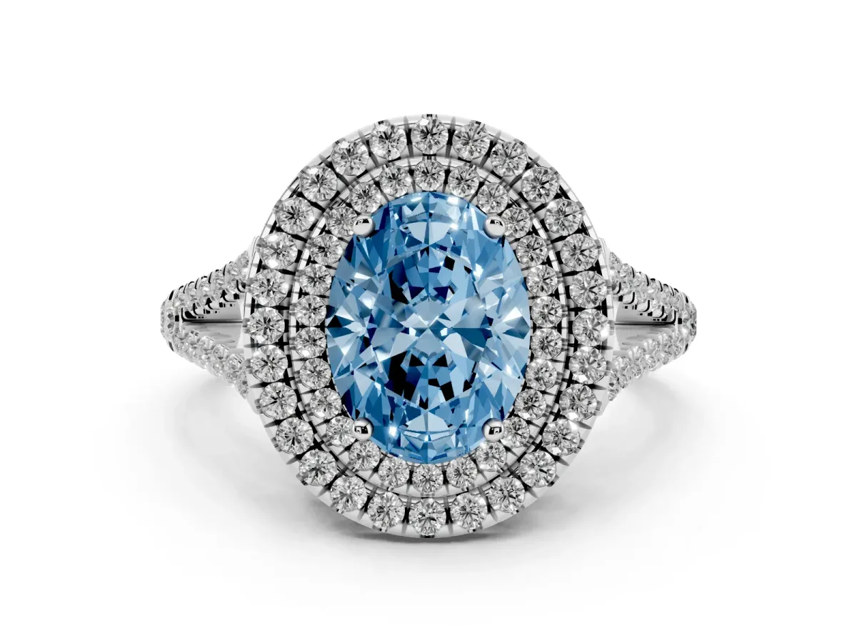 Fancy Blue Oval Cut Diamond Double Halo Ring with Pavé Band and Prong Setting Silver